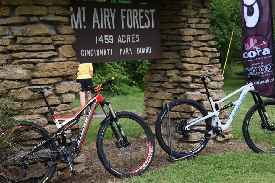 Bikes in front of the Mt. Airy Park sign