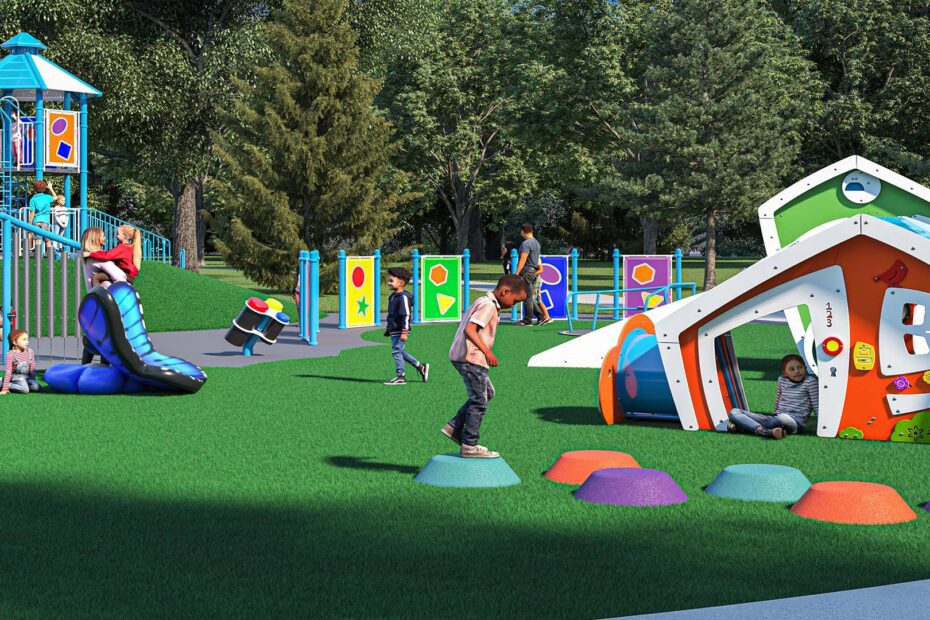 Rendering of children playing in playground playhouses and jumping pads.