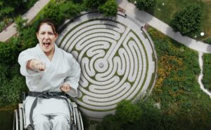Person in a wheelchair does karate at the Smale Riverfront Park labyrinth