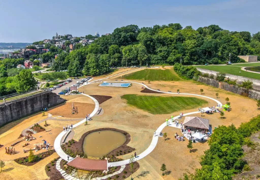 An aerial view of a sandy park