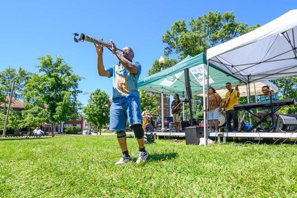 Member of the Positive Vibe band playing at MLK Jr. Park Family Fun Day