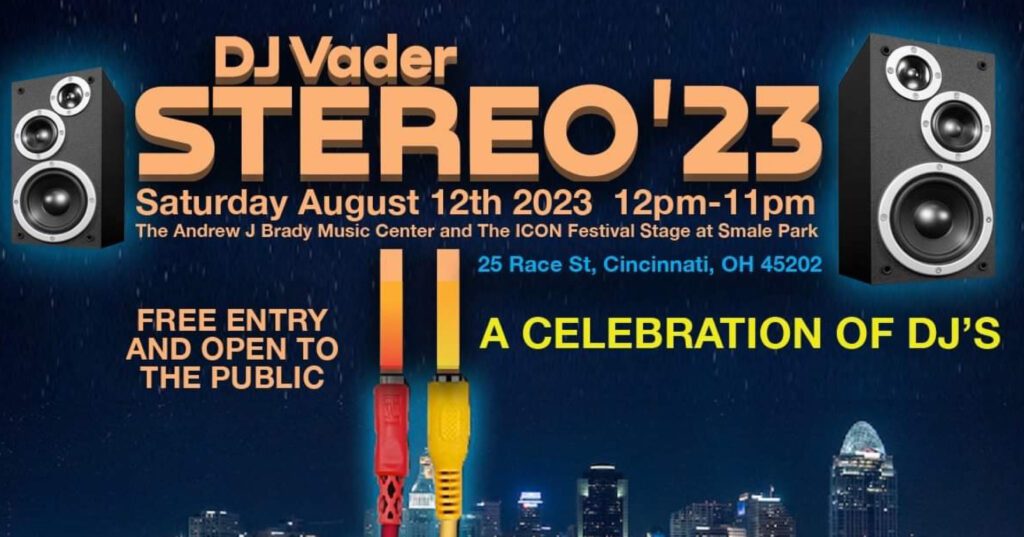 A graphic of a stereo with description of the event: DJ Vader Stereo '23