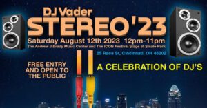 A graphic of a stereo with description of the event: DJ Vader Stereo '23