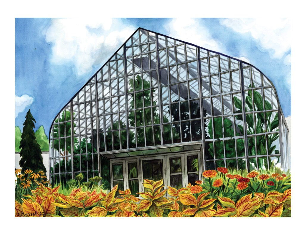 A painted image of a large green house