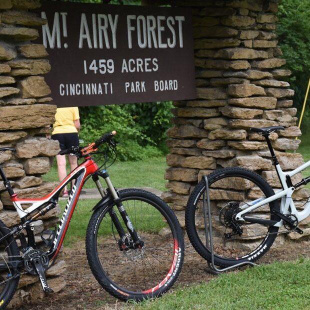 Bikes in front of the Mt. Airy Park sign